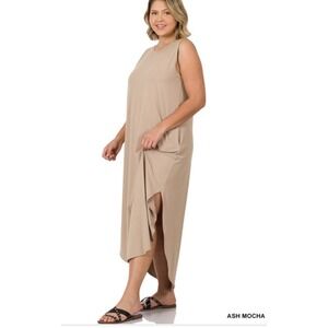 Zenana Plus Size Light Mocha Sleeveless Maxi Dress High Low Hem Pockets‎ Size 3X